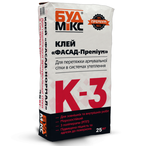 Клей для приклеювання армуючої сітки BUDMIX К-3 ФАСАД-ПРЕМІУМ Білий еластичний 25кг, 3774